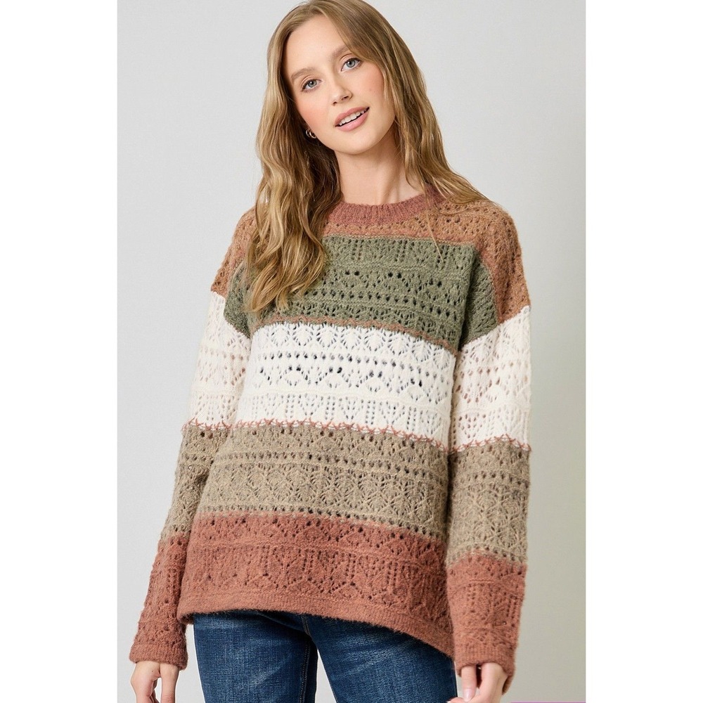 Mystree Color Block Pointelle Knit Sweater Womens Large Earth Tone Striped Crew